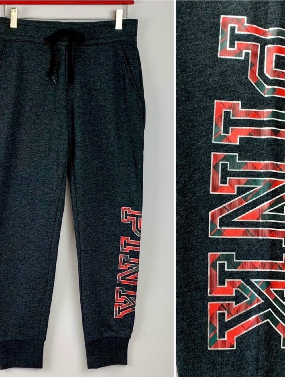 Pink Victoria secret Charcoal plaid logo joggers sweatpants